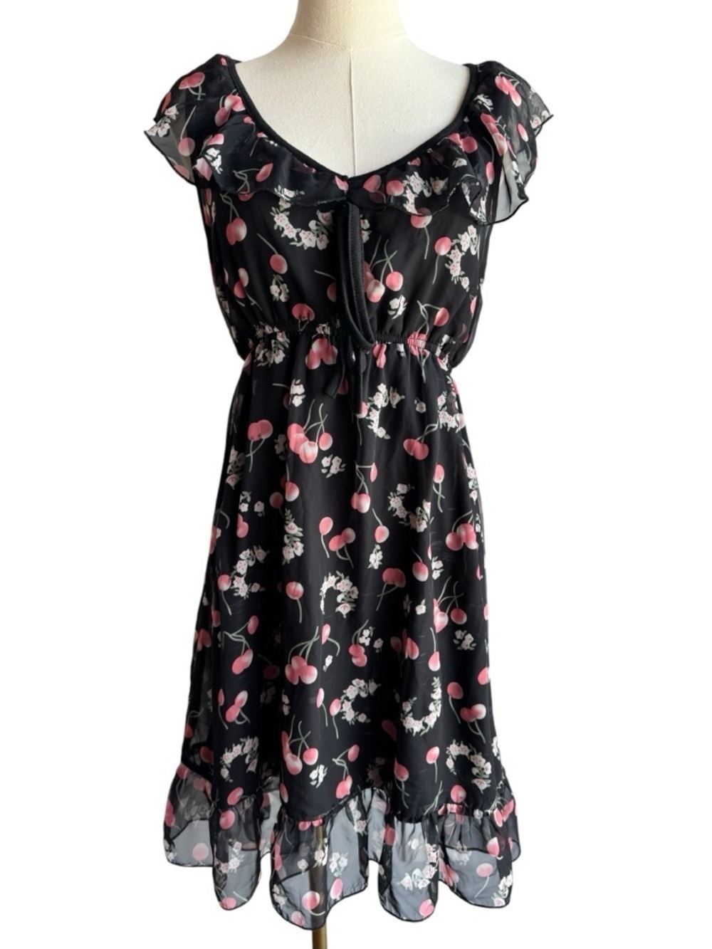 RedSoul Y2K Cherry Print Dress Black Sheer Ruffle Mini Cottagecore Summer Large